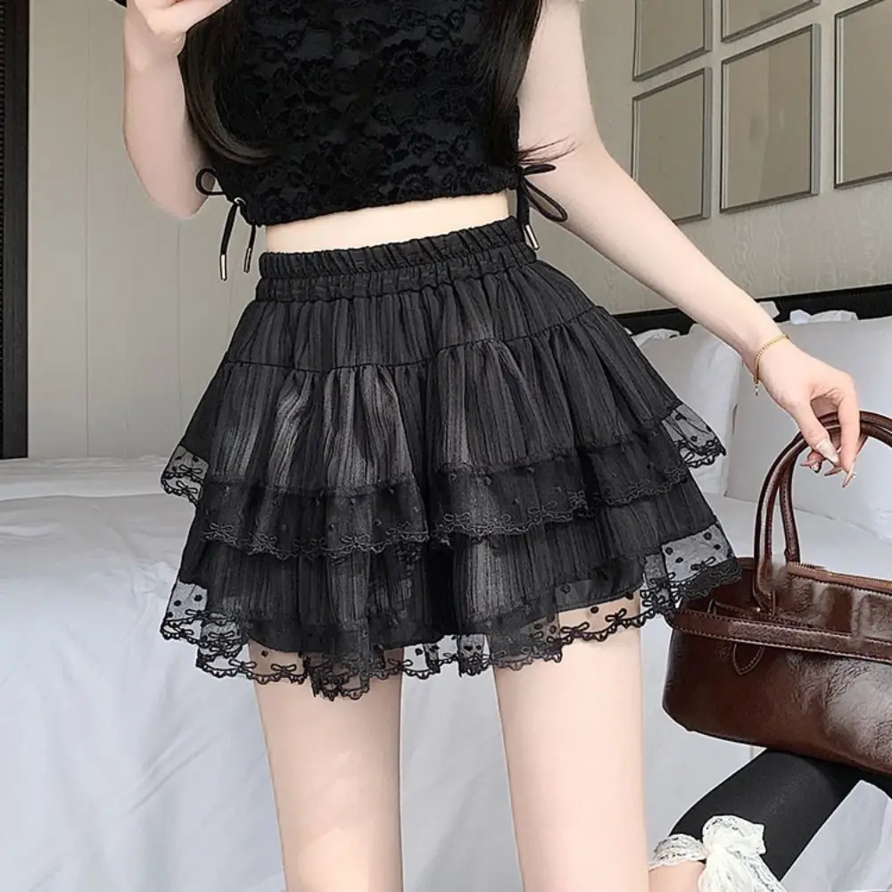 Fashion Dots Puffy Cake Skirt Women High Waist Sweet Lace Bowknot Short Skirt Textured with Safty Pant A-Line Short Skirt Women