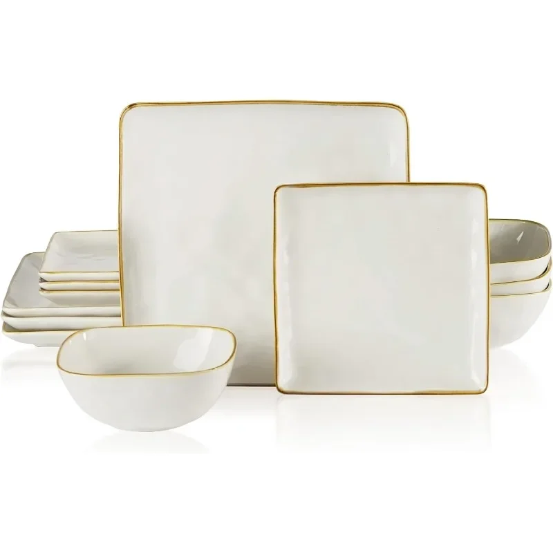 

Famiware Dinnerware Sets for 4 Ocean Square 12-Piece Kitchen Plates and Bowls Sets Microwave and Dishwasher Safe