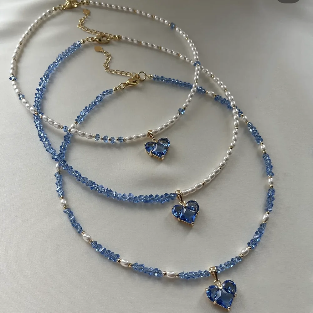 Design Exaggerated Irregular Imitate Pearl Chain With Blue Crystal Heart Pendant Necklace for Women Valentine's Gift X0334