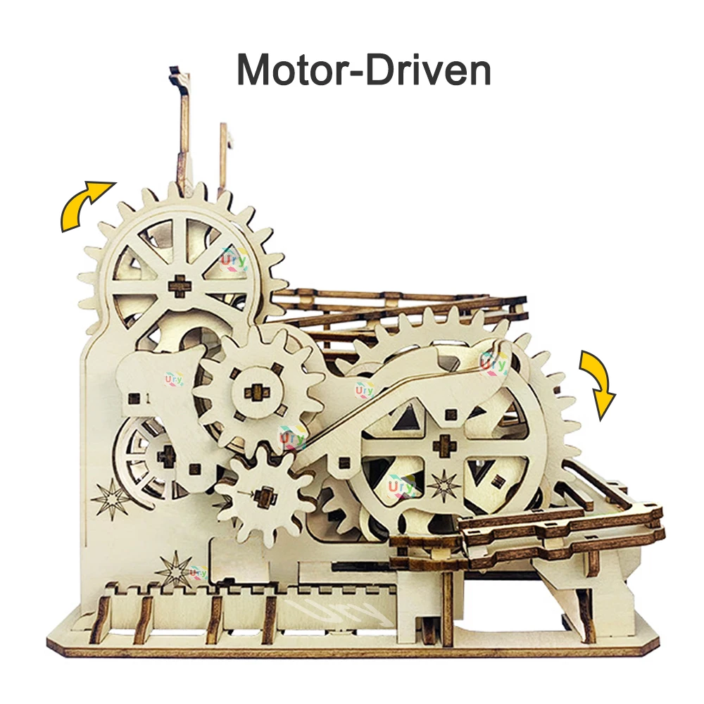 Ury 3d Houten Puzzels Elektrische Katapult Track Apparaat Kasteel Knikkers Run Set Mechanische Model Science Doolhof Montage Cadeau Voor Kind