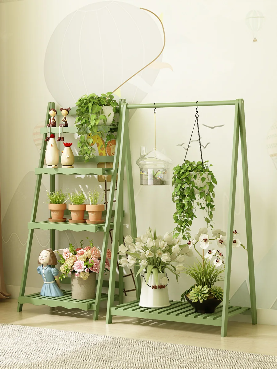 Flower stand shelf, indoor solid wood, multi-storey balcony, hanging floor-to-ceiling, living room, pothos succulent shelf