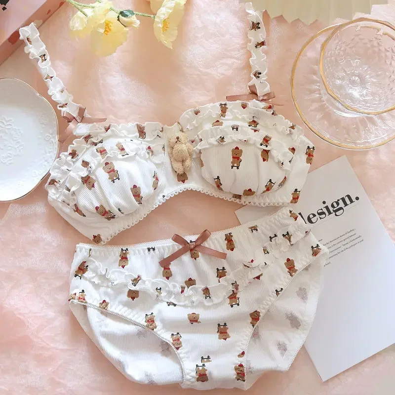 A Lolita Girl Sweet Bras Anime Cartoon Sexy Push Up Bra and Panty Set Underwear Women Bra Bracier Women Push Up Kawaii Lingerie