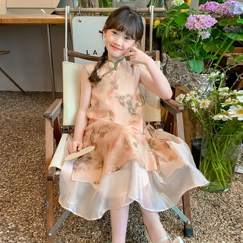 

Летнее платье для девочек, модное детское винтажное платье из сетчатой ткани в стиле Ханьфу, для школы и свадьбы, для девочек 8-10 лет