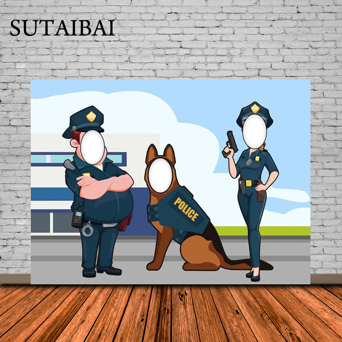 

Policeman Uniform Photo Banner Backdrop Pretend Play Party Game Large Police Dog Face Photo Booth Props Theme Decor Background