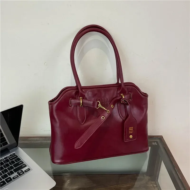 Simple Ladies Commute Tote Bag Pu Leather Female Underarm Bag Burgundy Large Handbags Purse Vintage Women Business Shoulder Bags