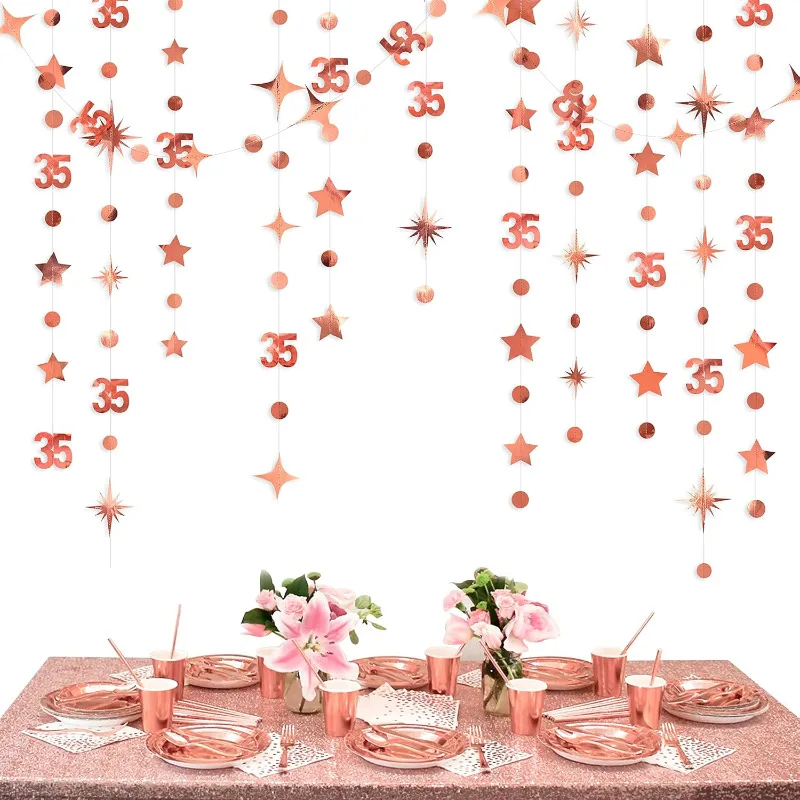 Rose Gold 35th Birthday Banner Decorations Number 35 Circle Dot Twinkle Star Garlands Hanging Backdrop for 35th Birthday Party