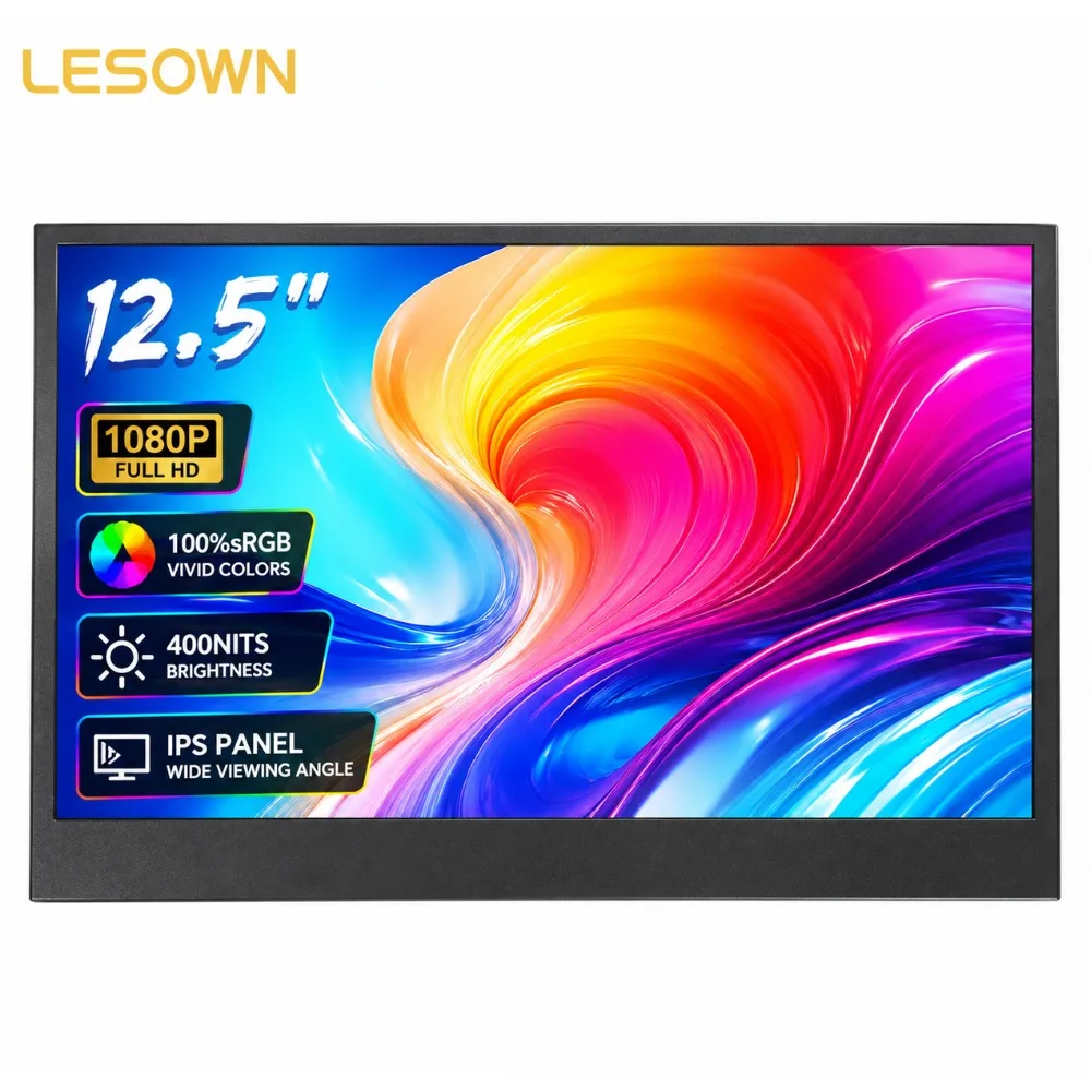 LESOWN 12.5 In 1920x1080 Computer Case Internal Display Metal Frame LCD Screen with Speaker for AIDA64 PC Hardware Sensor