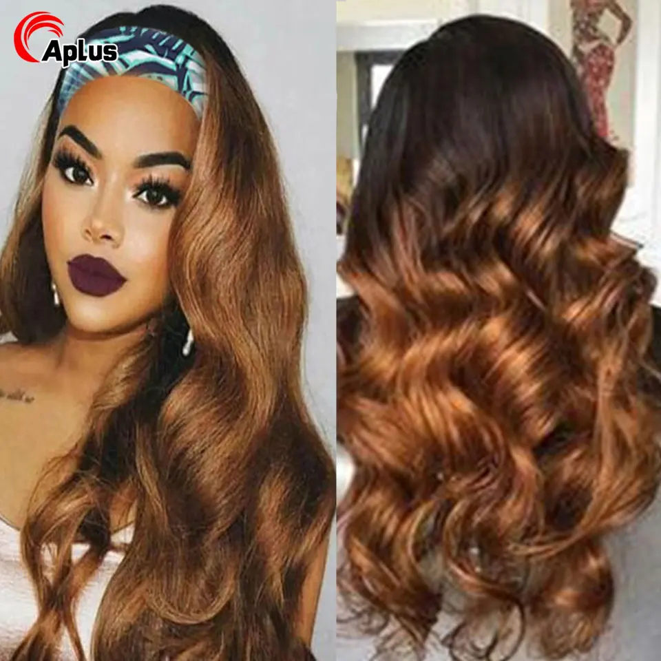 

Cheap Headband Wig Human Hair Wigs For Women 1B/30 Ombre Brown Body Wave Wig Honey Blonde Scarf Wig With Headbands Attached 180%