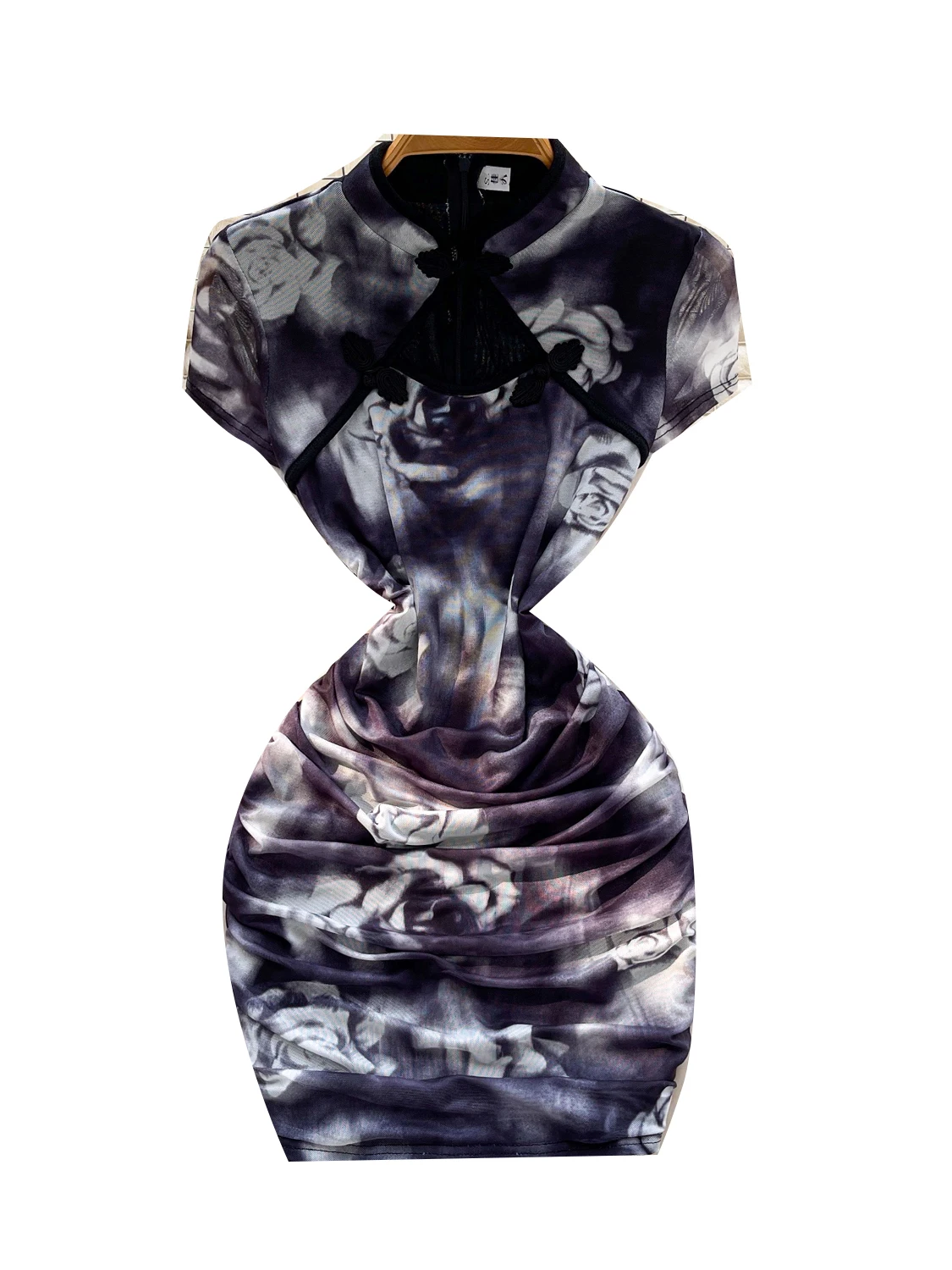 Retro chiński design, ażurowy wzór, nadruk ort Sve, plisowany, wyszczuplający, damski, do pracy, dopasowany krój, linia A.