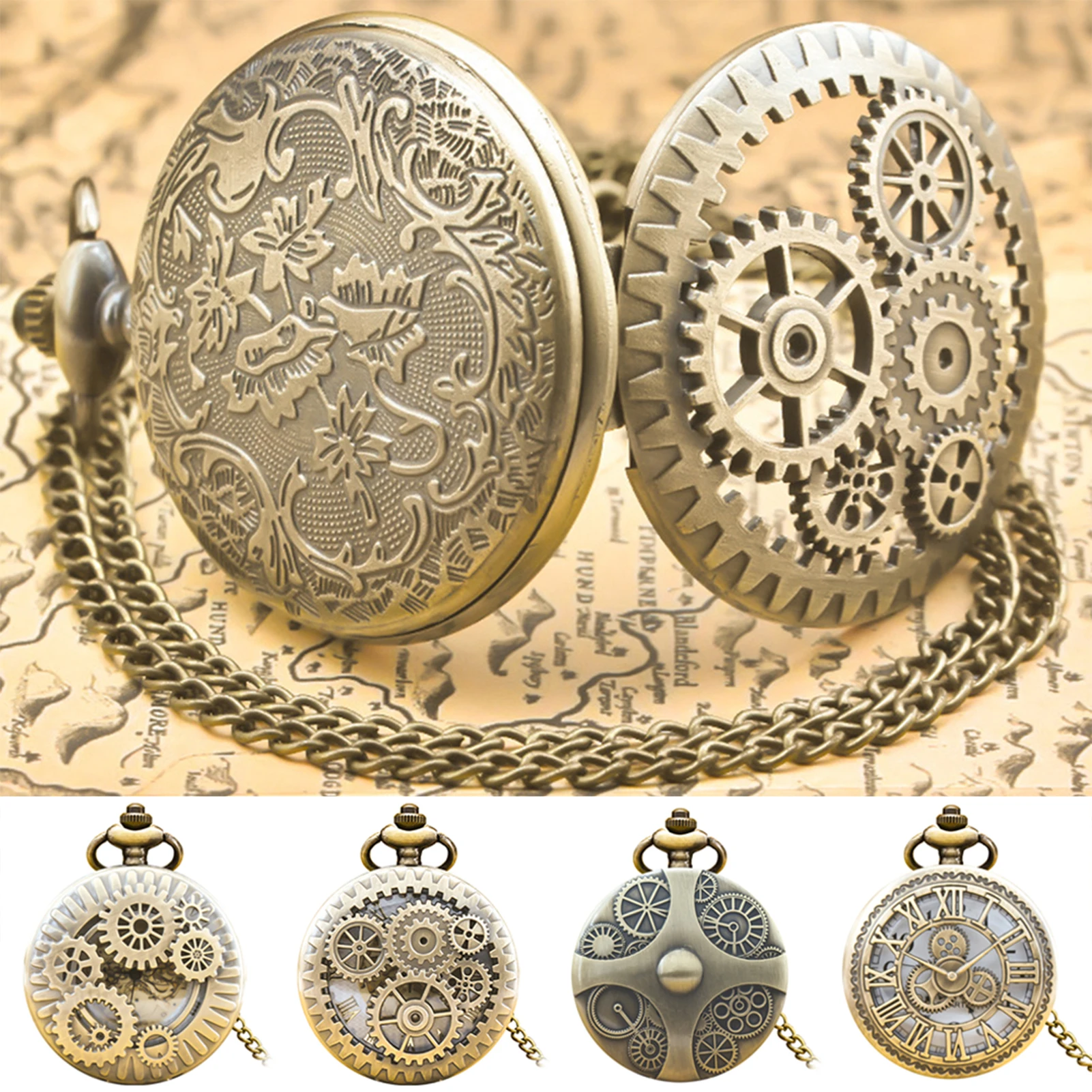 Vintage Bronze Steampunk Gear Carved Quartz Watch Necklace Pendant Clock Chainbirthday Party Men Women Chain Gift