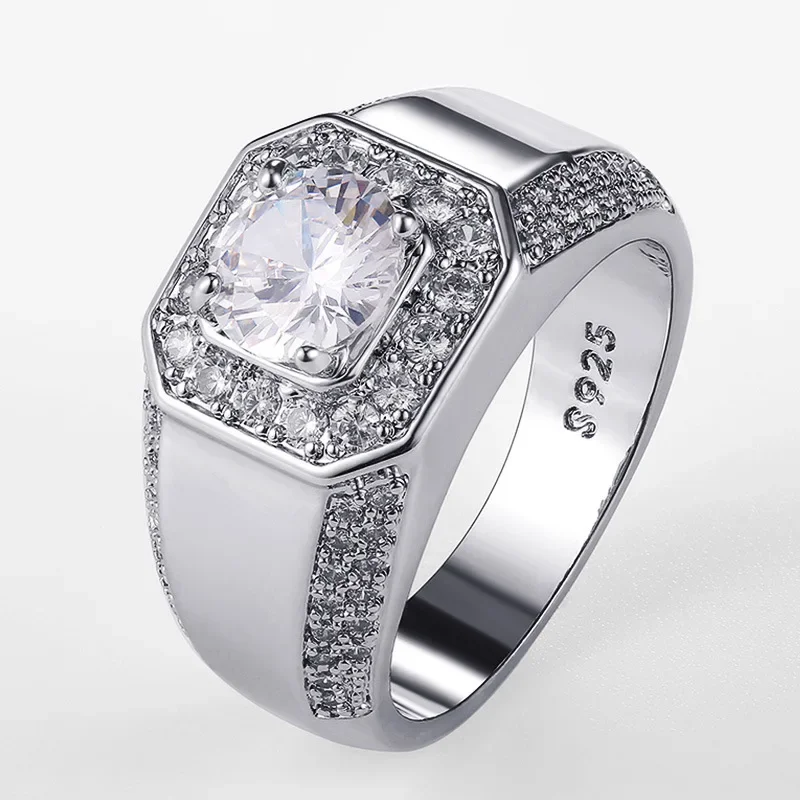 Luksusowe 925 Sterling Silver Men AAA Crystal Zircon Stone Wedding Ring Brilliant Noble Engagement Engage Party Plata Rings Stamp