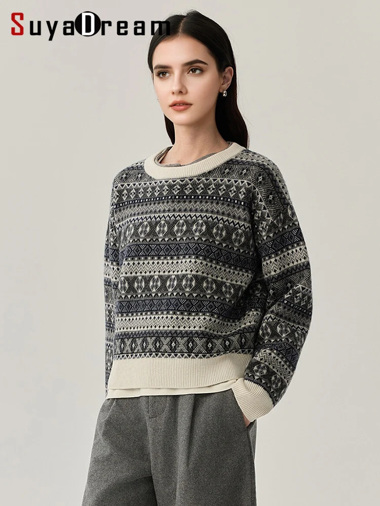 SuyaDream، سترة جاكار نسائية، صوف خروف 100%، رقبة دائرية، بلوفرات دافئة، بلوزة محبوكة لخريف وشتاء 2025، رمادي، بني