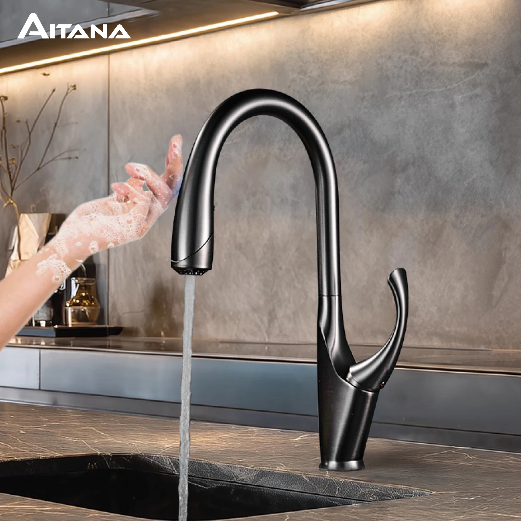 High-End Touch Black Kitchen Faucet Brass Pull-Out Design Three-Function Single Handle Cold and Hot Dual Control Sink Faucet