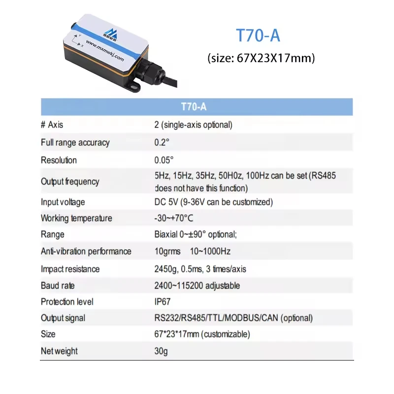 T70-A Profibus Industrial Grade Inclinometer 2 -axis Acc DC 9~36V Interface for High-Voltage Wire Tower Monitoring