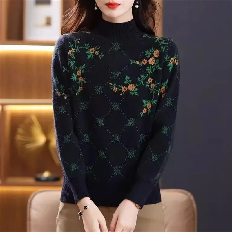 

Semi-Turtle Neck Sweater Women's New Pullovers Autumn Winter 2024 Jacquard Knitwear Female Jacket Fashion Loose Coat Ladies Tops