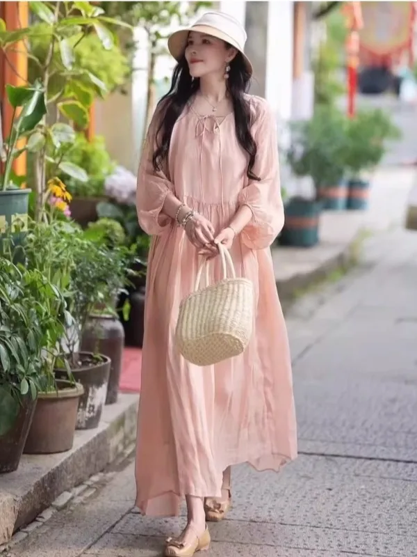 

High Waist Loose Casual Long Sleeve Pink Women's Dress Belted Lazy Style Loose Fit Maxi Dress Comfortable plus Size Gown