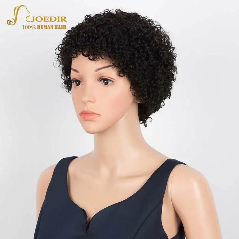 Joedir Short Cheap Pixie Kinky Curly Human Hair Wig For Black Women Brazilian Remy Hair Natural Dark Ombre Brown Afro Curl Wigs