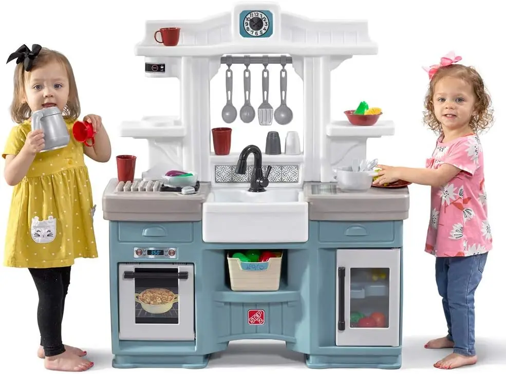 Juego de cocina de tendencia atemporal para niños, cocina para interiores y exteriores, juego interactivo con luces y sonidos, hecho de plástico duradero