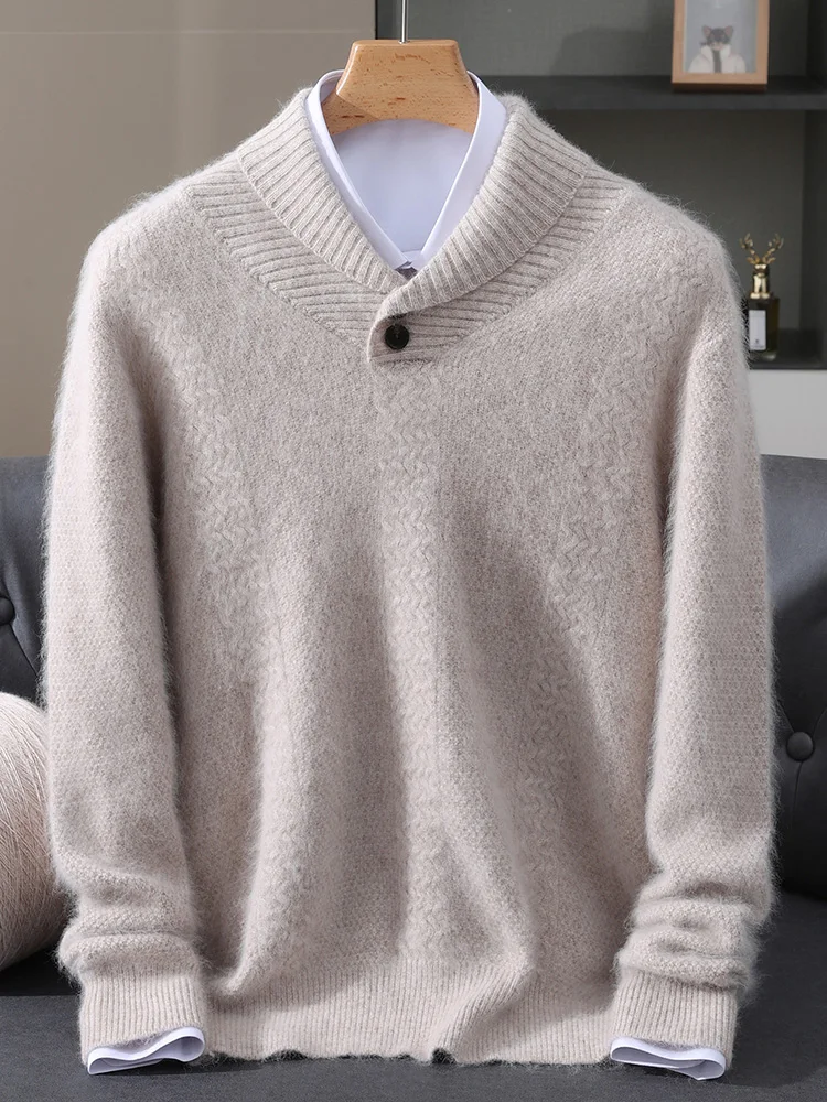 TLOML Men's 100% Mink Cashmere Sweater Shawl Collar Pullover Autumn Winter Basic Smart Casual Cashmere Knitwear Soft Comfy Tops