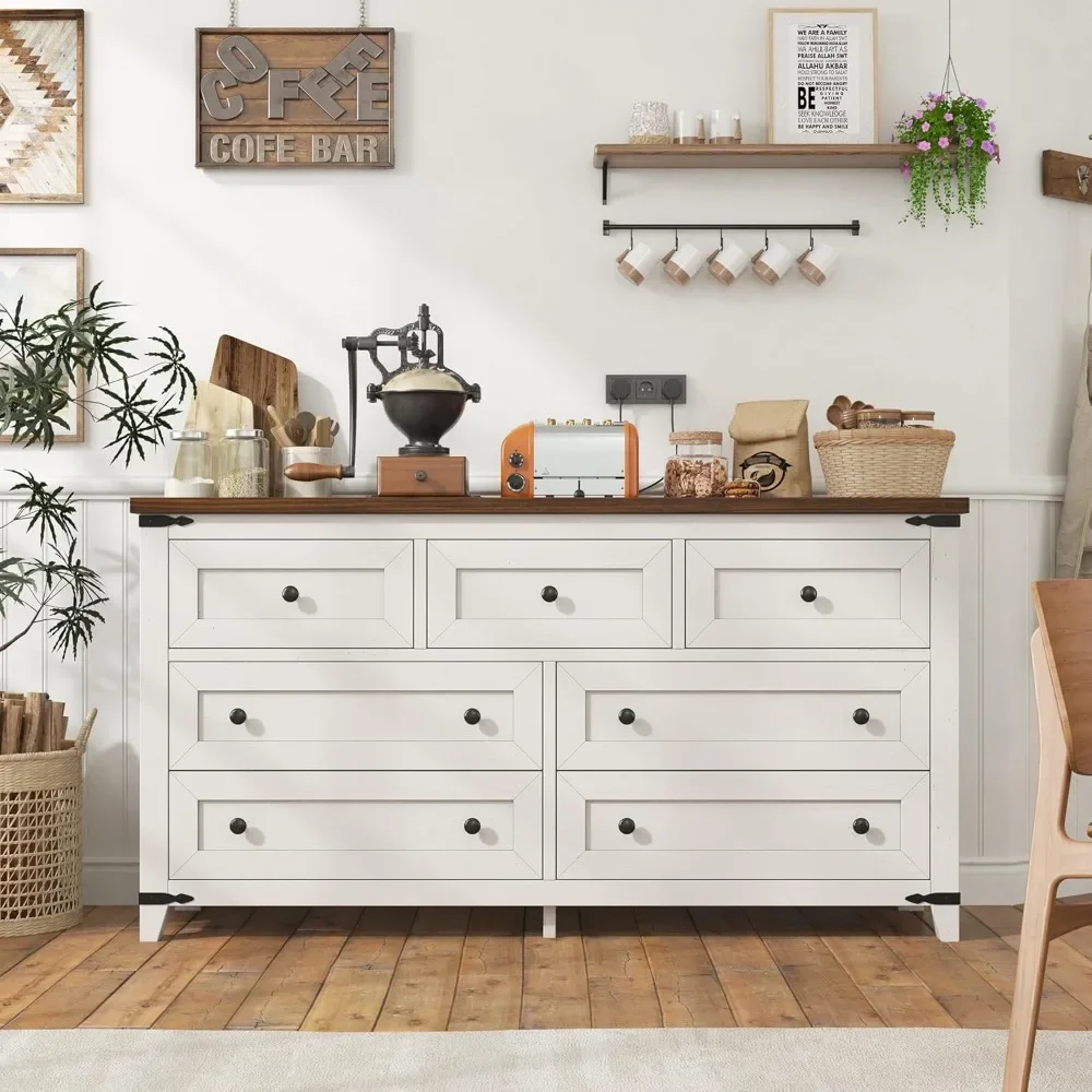 Wood Dresser with 7 Drawers White Dresser with Smooth Metal Rail Long Dressers & Chests of Drawers Farmhouse Dresser