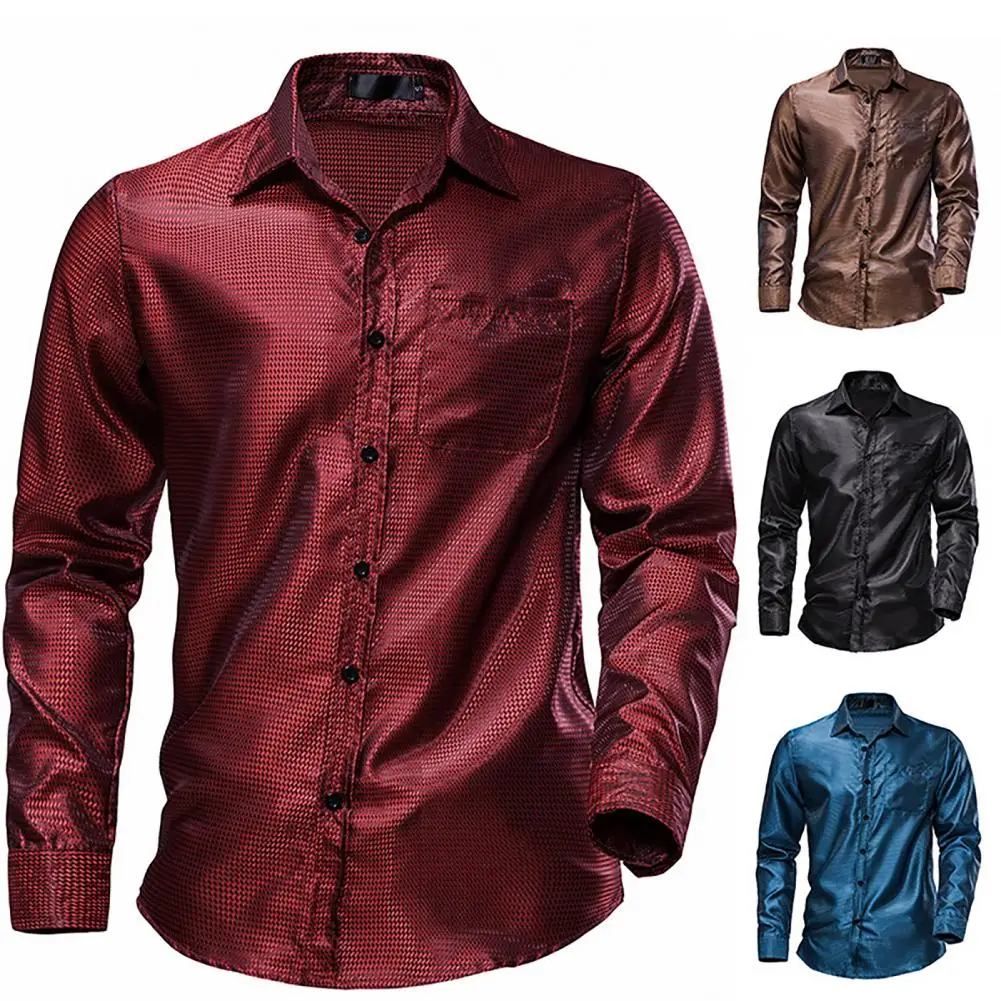 

Shiny Wine Red Dot Silk Like Shirt Men New Disco Dance Vintge Mens Dress Shirts Nightclub Party Stage Prom Chemise Streetwear