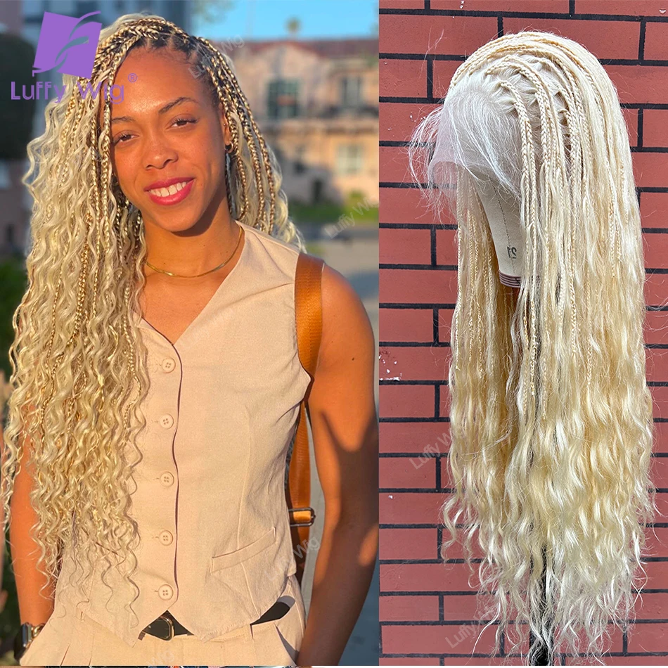 300Density Crochet Boho Box Human Hair Curly Braided Wig 613 Blonde Goddess Full HD Lace Knotless Braids Wigs