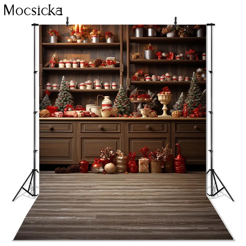 Mocsicka Christmas Photography Background Winter Indoor Kitchen Xmas Tree Kid Family Portrait Decor Backdrop Photo Studio