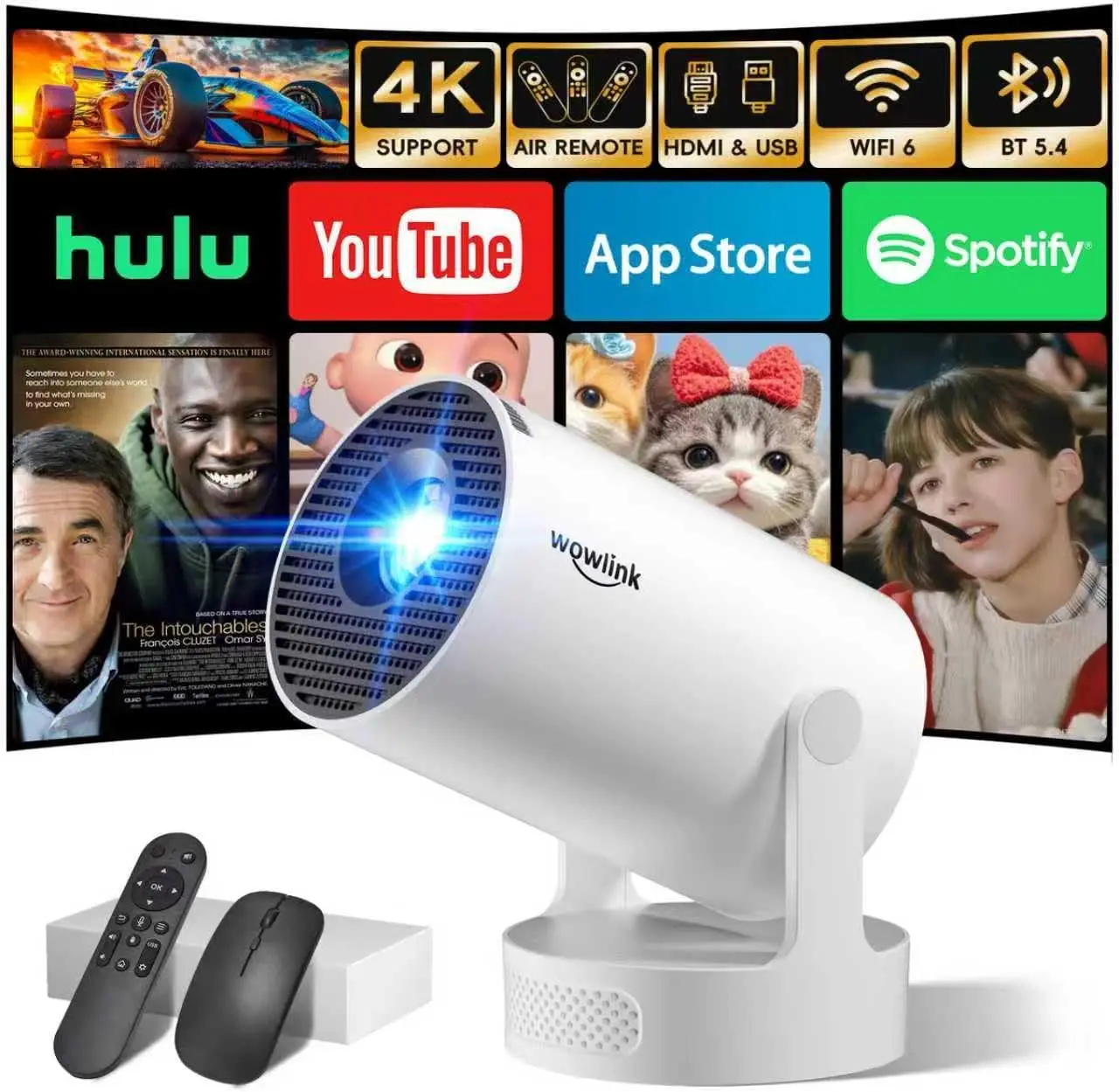 

[Built-in Apps & 2026 Upgraded] Mini Projector with WiFi 6 and Bluetooth 5.4 Support 4K 1080P Auto Keystone 180° Rotatable Proje