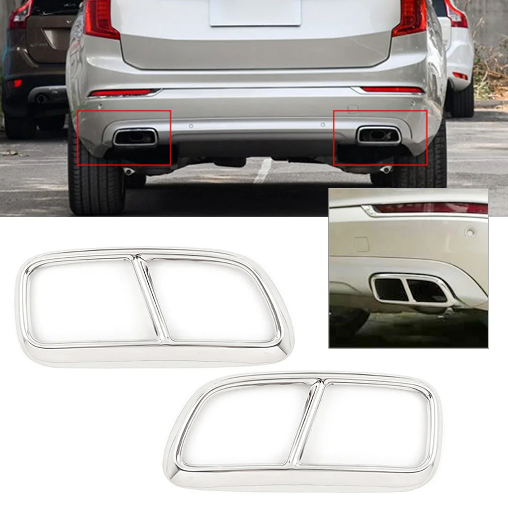 2Pcs Car Rear Exhaust Muffler Tail Pipe Cover Decorative Trim For Volvo XC90 2015 2016 2017 2018 2019 Stainless Steel Silver