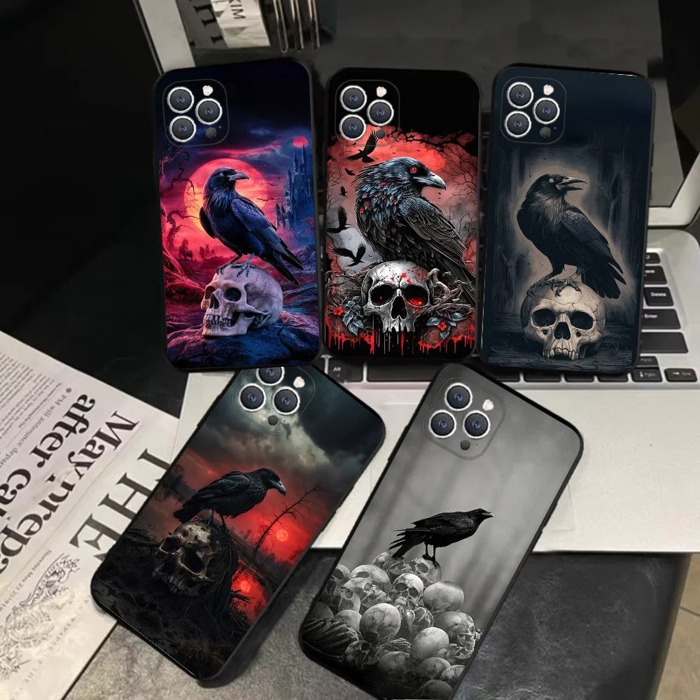 Raven Dark Crow Skull  Phone Case For iPhone 16,15,14,13,12,11,Pro,X,XS,Max,XR,Plus,Mini Soft Black Cover