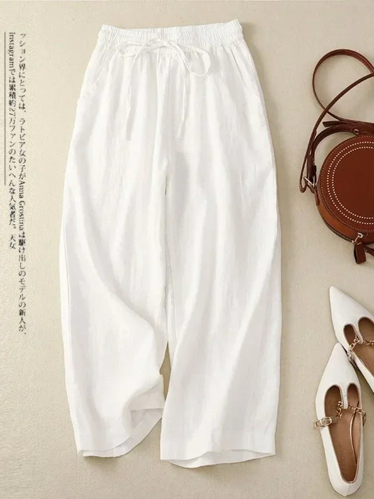 Retro Cotton and Linen Wide-leg Pants Women's Lace-up Solid Versatile Loose Casual Pants Summer Elastic Waist Ankle-Length Pants