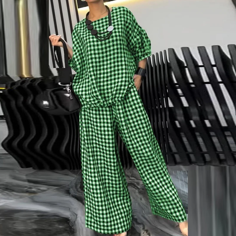 Spring Half Sleeve Sets for Women 2 Pieces O-neck Back Drawstring Top Pullover Wide-leg Pants Suit Fall Houndstooth Print Outfit