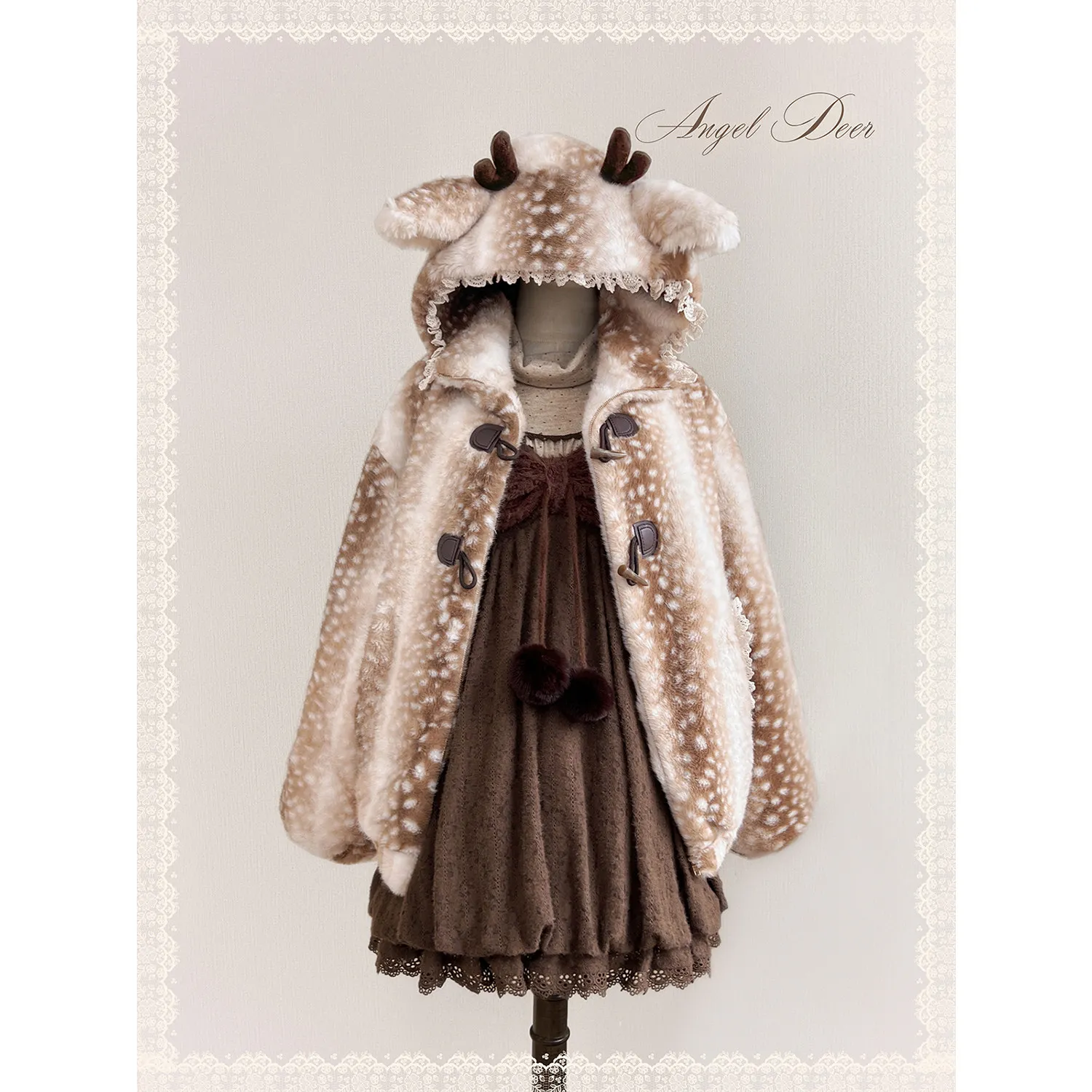 

Cute Deer Pattern Early Forest Style Hooded Coat with Horn Buttons Faux Fur Coat Winter Coat Women