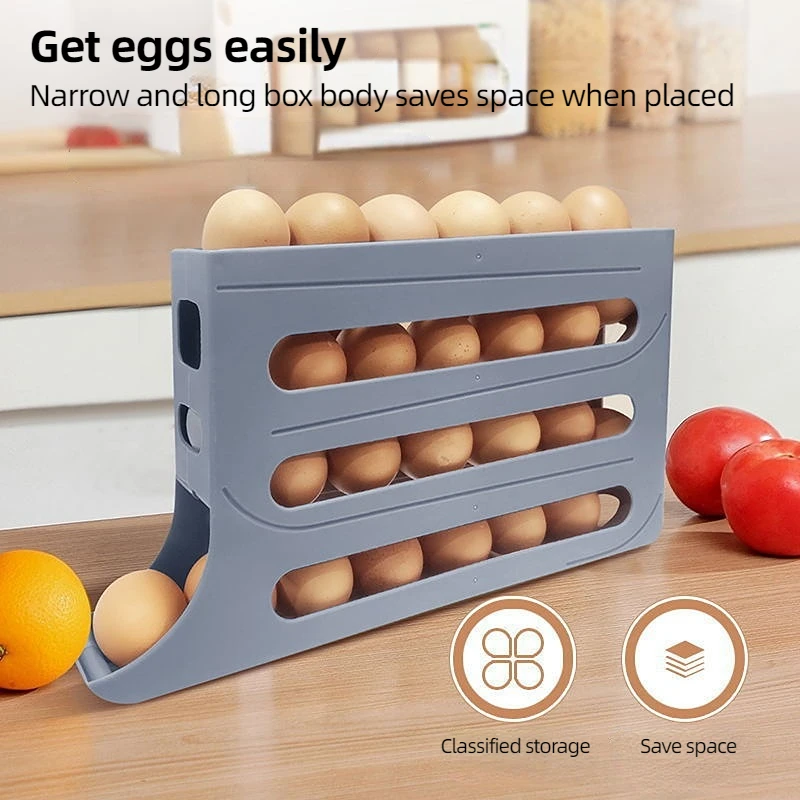 4 Tier Egg Storage Box Organizer for Refrigerator Rolling Egg Organizer Holder Fridge Storage Organizer Food Storage Container