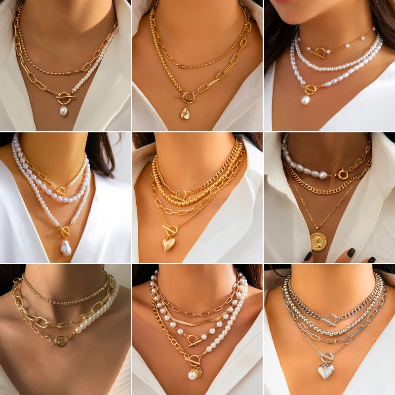 

Elegant Irregular Pearl Multi-layer Necklace Heart Pendant Choker Necklace For Girls Jewelry Trend Vacation Wedding Gifts