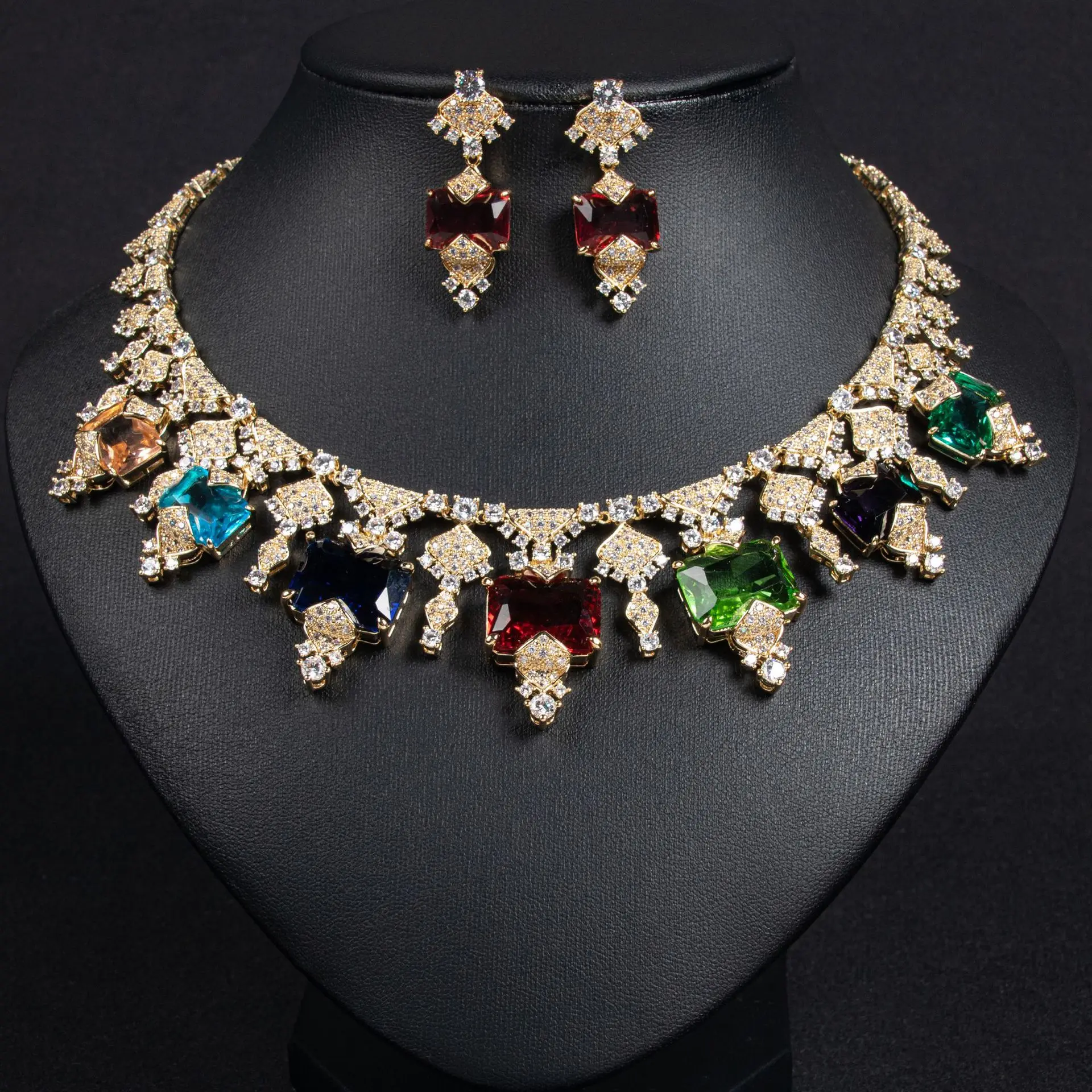 

HIBRIDE New Deluxe Heavy Craft Colourful Square Necklace Earrings Jewellery 2 Pcs Saudi Wedding Women Prom Party Gift S-797