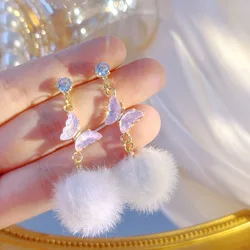 Fashion New Pink White Crystal Butterfly Long Dangle Earrings For Women 2024 Korean Mink Fluffy Hairball Drop Earrings Jewelry