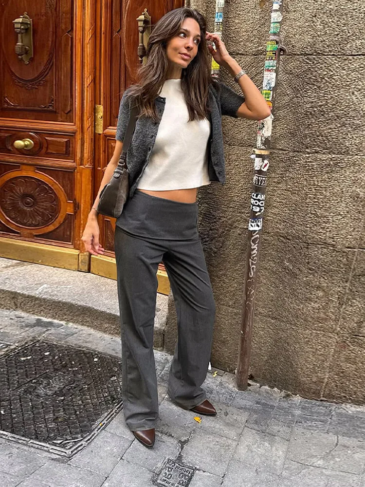 캐주얼 하이웨이스트 스트레이트 팬츠 여성용 솔리드 루즈 시크 하이웨이스트 지퍼 스트리트 바지 여성용 올매치 그레이 바텀 레이디
