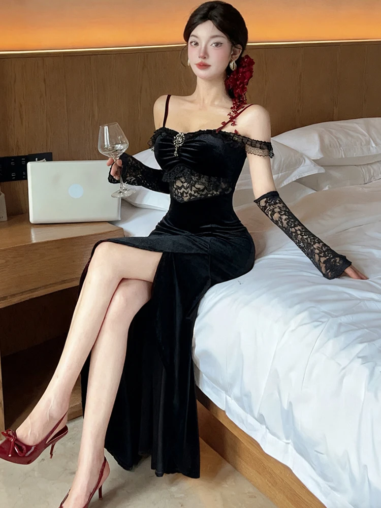 Feminino vermelho veludo retalhos renda preta oco para fora vestido sexy outono inverno elegante vestido de luxo 2025 coreano vintage bodycon vestido