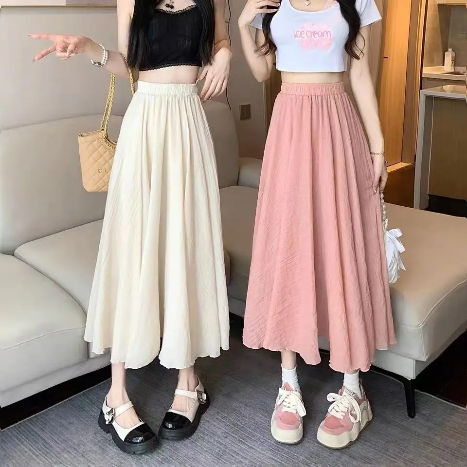 Midi Skirts Women Thin Summer Literary Sweet A-line Pure Fairycore High Waist New Arrival Chic Popular Korean Fashion Faldas Ins