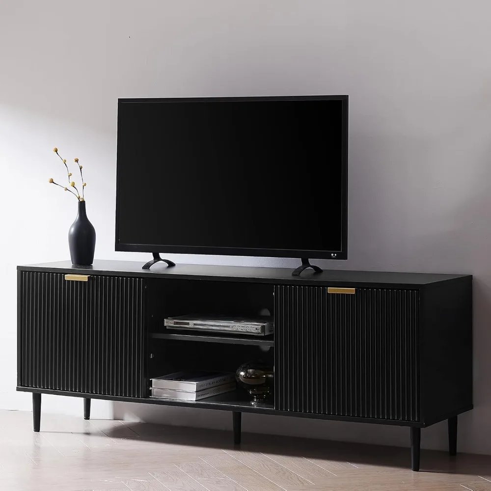 

Black TV stand, modern TV console for living room 65+inch TV, slotted panel media console with sliding door