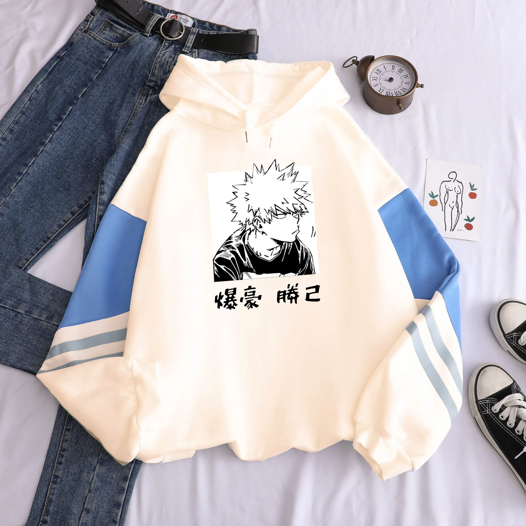 My Hero Academia Katsuki Bakugo Color Matching Hoodie Sweatshirt Harajuku Character Pullover Anime Printed Clothes Unisex Winter