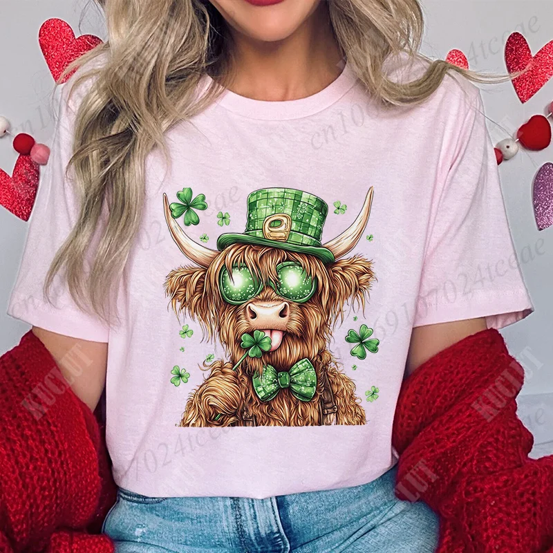 Highland Cow St. Patrick's Day T Shirt for Women Clothing Retro Coquette Lucky Party Graphic Y2k Tops Summer Short Sleeve Tees