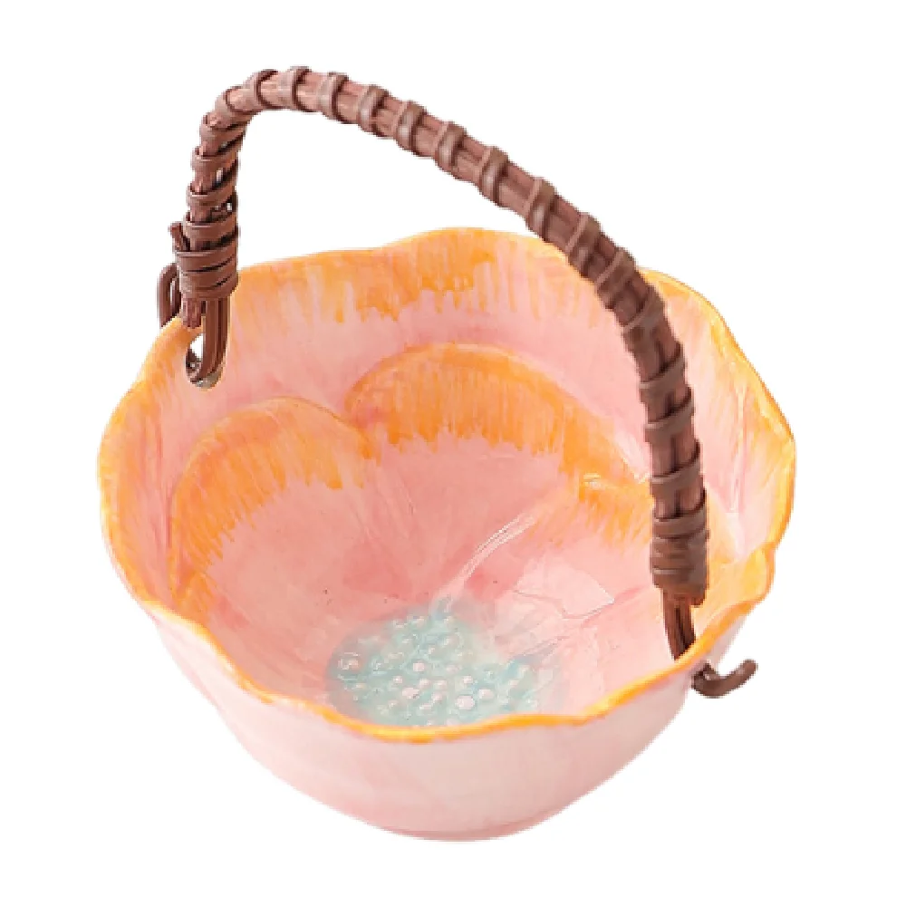 

Flower Design Ceramic Fruit Basket Colorful Portable Dried Fruit Storage Basket with Handle Smooth Handheld Snack Plate