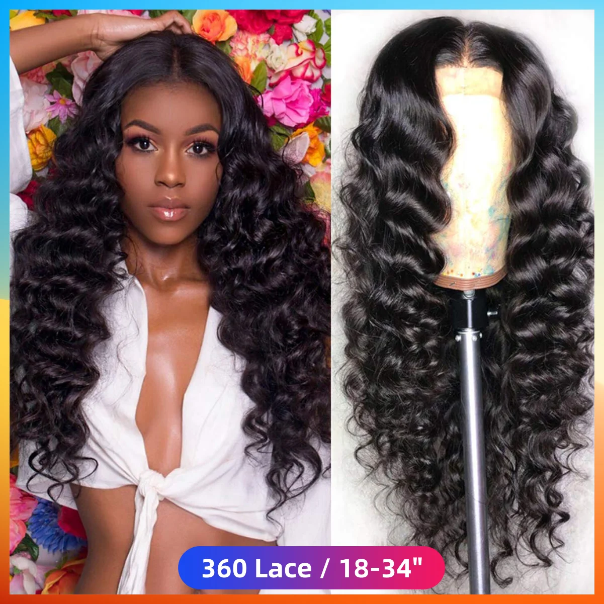 Perruque Full Lace Wig sans colle péruvienne naturelle-At, cheveux humains, Deep Wave, noir naturel, 13x6 HD, 34 pouces de long, 360