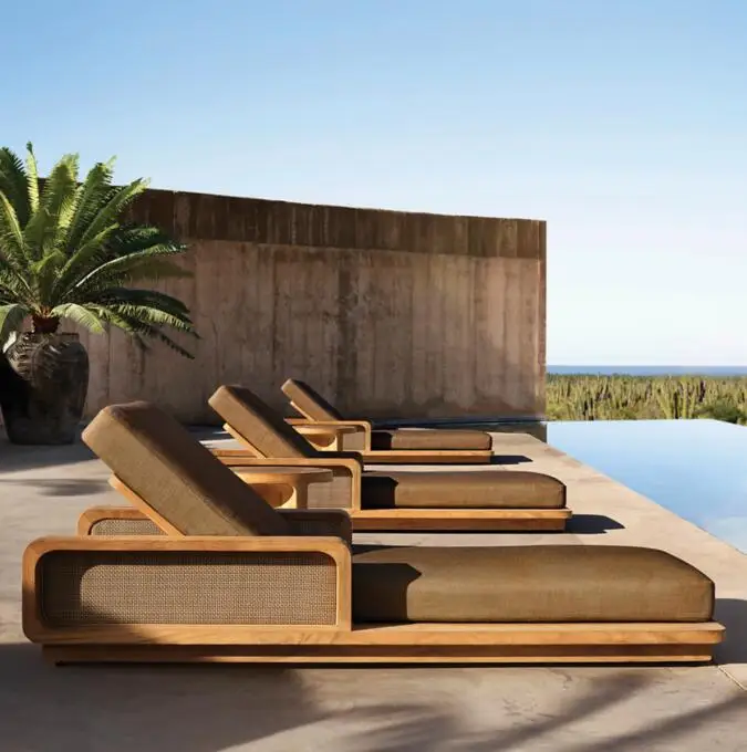

Santiago Collection Outdoor Furniture Solid Teak Inset with All-weather Cane Teak Lounge Chaise