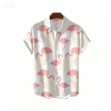 Summer Hot Flamingo Palm Leaf Printed Short Sleeved Shirt for Men's Hawaii Vacation Loose Casual Shirt