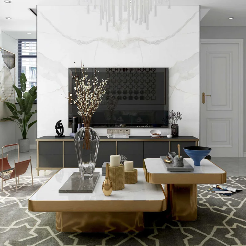 Meja kopi kombinasi baja tahan karat gaya mewah ringan untuk apartemen kecil, ruang tamu, bentuk persegi, meja teh kreatif, modern dan simpel