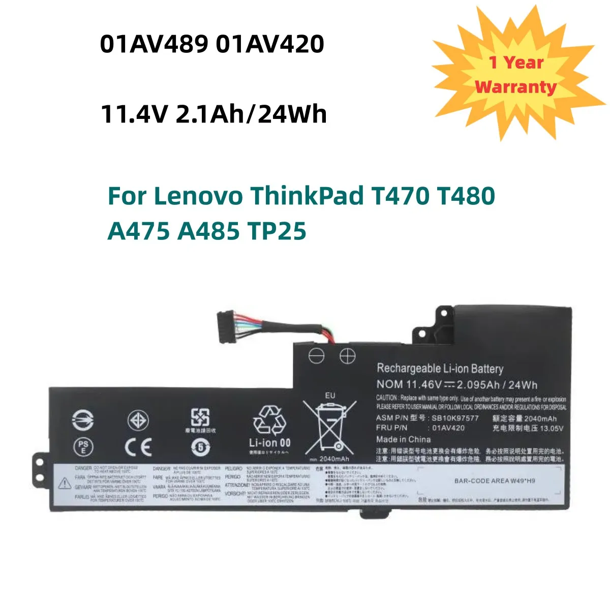 Internal Battery For Lenovo ThinkPad T470 T480 A475 A485 TP25 01AV419 01AV421 01AV489 01AV420 SB10K97576 SB10K97578 11.4V 24WH