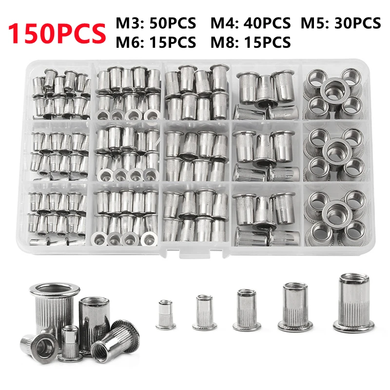 스테인레스 스틸 리벳 너트 세트, 리벳너트 M3-M8 또는 M3-M10 인서트, 리벳팅 멀티 사이즈, 100 개, 150 개, 180 개